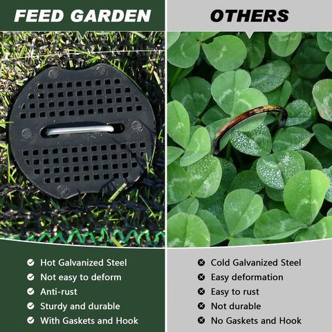 Heavy Duty 6 Inch Galvanized Landscape Staples 50 Pack, 11 Gauge Anti Rust Garden Stakes For Weed Barrier Fabric, Turf And Sod, U Shaped Yard Pins, Includes Gaskets And Pick Hook Support with gasket and comparison to competitor