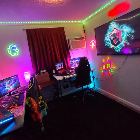 Gaming room with Majoras Mask LED Neon Sign for Gaming Room Decor and Zelda Fans Wall Light Multicolor Glow Easy Hang