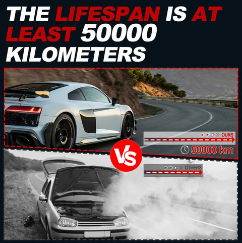 High-performance car comparison showcasing durability and lifespan of at least 50000 kilometers.