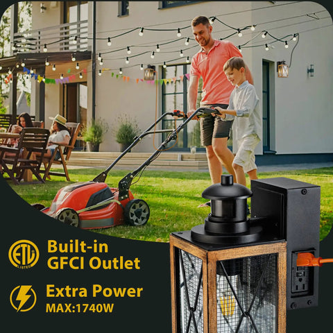 Porch Light With Built In Outlet And Motion Sensor, Dusk To Dawn Exterior Wall Mount Sconce, Anti Rust Outdoor Lighting For House Garage Front Patio, Two GFCI Receptacles, Easy Plug In with person mowing lawn