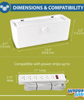 Kid Safe Power Strip Cover With Dual Lock And Side Openings For Cords, Large 13.3 Inch Box, shown with dimensions and power strip compatibility