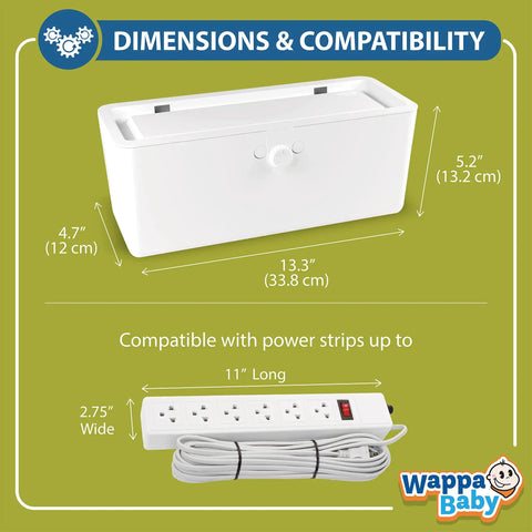 Kid Safe Power Strip Cover With Dual Lock And Side Openings For Cords, Large 13.3 Inch Box, shown with dimensions and power strip compatibility