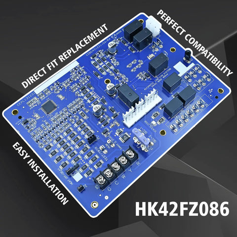 Zero Stress HK42FZ086 Replacement Control Board For Carrier Payne Bryant Furnaces, blue circuit board detailed view.