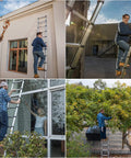 People using 12.5 Foot Telescoping Ladder With One Button Retraction Aluminum Extendable Ladder for DIY and RV tasks outdoors.