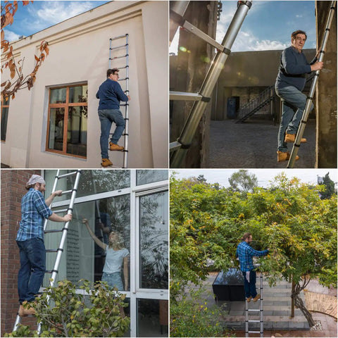 People using 12.5 Foot Telescoping Ladder With One Button Retraction Aluminum Extendable Ladder for DIY and RV tasks outdoors.