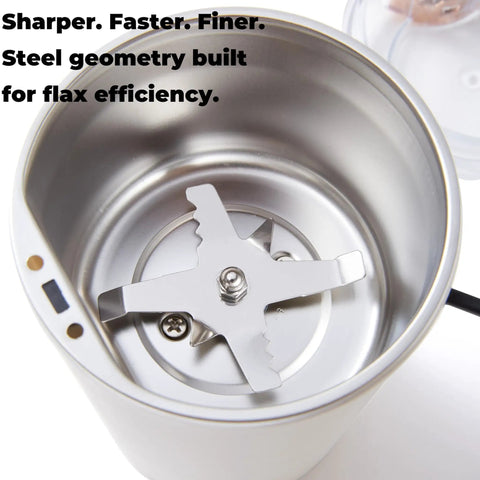 Compact Electric Flax Seed Grinder for Smooth Fresh Grinding with steel blade geometry and efficient design for nutrient release.