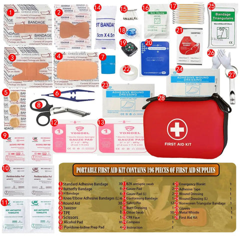 196 Piece Waterproof Hard Shell Portable First Aid Kit For Home Car Camping Hiking Travel And Outdoor Adventures In Red