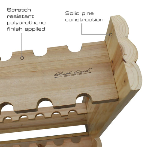 Close-up of solid pine construction and design details of Double Sided Fishing Rod Holder That Stores Up To 16 Rods For Saltwater And Freshwater Gear Perfect Garage Organization And Room Storage For Fishing Rods Tackle Gear And Accessories