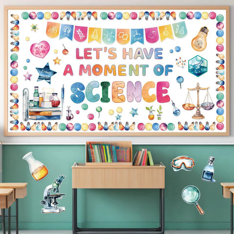 Science Bulletin Board Set For Classroom Decor 89 Pcs With Light Bulb Borders Bubble Borders Science Cutouts Instruments Formulas.