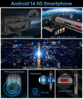 Kickback 5G Rugged Projector Phone 6.78-Inch AMOLED Screen showcases ports including 3.5mm jack, SIM slots, and GPS features.