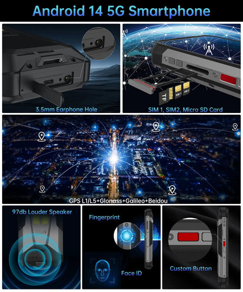 Kickback 5G Rugged Projector Phone 6.78-Inch AMOLED Screen showcases ports including 3.5mm jack, SIM slots, and GPS features.