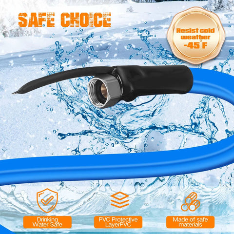 Heated RV water hose, 30ft, blue with brass-threaded connector and black protective sleeve