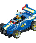 Carrera Paw Patrol Ready Race Rescue Chase 1To43 Scale Analog Slot Car in blue with Chase figure and spoilers on race-ready GO tracks car.