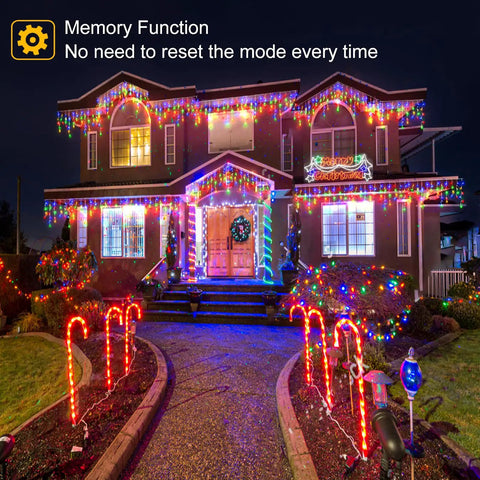 Festive home decorated with Green Outdoor Icicle Christmas Lights 33ft 400 LED With Connectable Clear Wire 8 Modes Timer