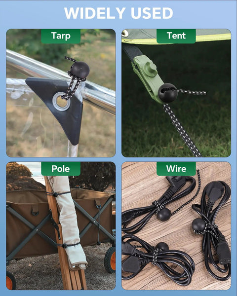 Adjustable Ball Bungee Cords Set Of 40 used on tarp, tent, pole, and wire, showcasing versatile tie downs for secure gear