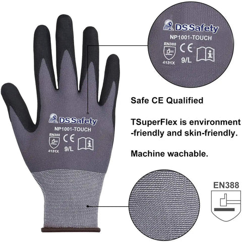 Spandex Liner Nitrile Coated Work Gloves NP1001 12 Pair Large Pack with micro foam grips detailed view.