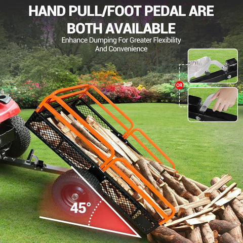 Beast Utility Dump Cart With 1600 Lb Capacity showing wood being dumped at 45 degrees, hand pull and foot pedal visible