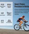 Cyclist using Assioma Duo-Shi IP67 Dual-Sided Power Meter Pedals with ANT Plus Connectivity on road with technology features displayed.