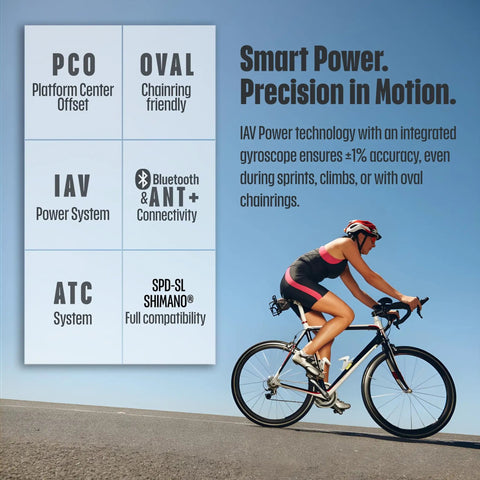 Cyclist using Assioma Duo-Shi IP67 Dual-Sided Power Meter Pedals with ANT Plus Connectivity on road with technology features displayed.