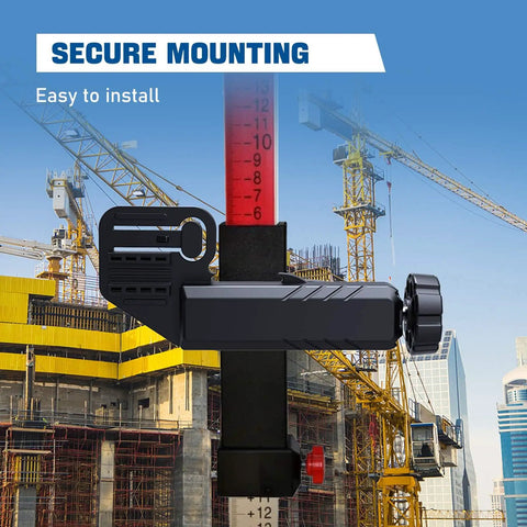 Universal Laser Receiver Bracket Clamp For LR6 LR7 LR8 LR10 Systems With Tool Free Mounting And Push Button Release, black clamp on receiver rod at construction site