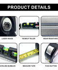 4 In 1 Laser Level Tool With Cross Line Plumb And 45 Degree Bubble For Horizontal And Vertical DIY Projects, 8ft 2.5m Reach, Handy Multipurpose Line Laser For Construction, Home Renovation, Picture Hanging And Cabinet Install. Compact black plastic laser level with 15cm ruler, bubble vials, tape measure and push button