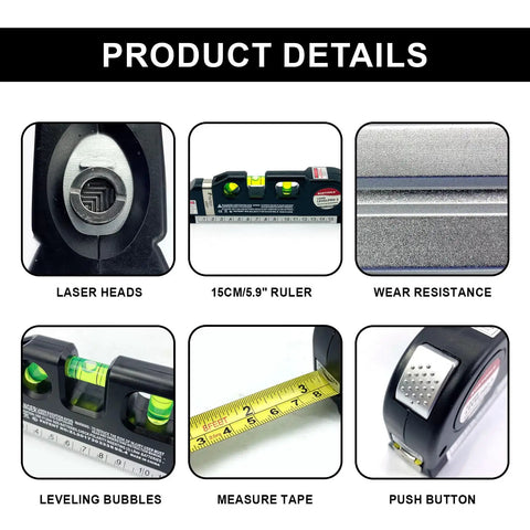4 In 1 Laser Level Tool With Cross Line Plumb And 45 Degree Bubble For Horizontal And Vertical DIY Projects, 8ft 2.5m Reach, Handy Multipurpose Line Laser For Construction, Home Renovation, Picture Hanging And Cabinet Install. Compact black plastic laser level with 15cm ruler, bubble vials, tape measure and push button