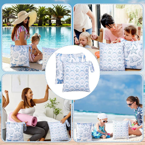 2 Pack Wet Bags Reusable Waterproof Wet Dry Bags For Travel Beach Pool Bathing Diapers Dirty Clothes Gym Gear With Zippered Pockets Sea Shell Blue And White Design 14.5 x 12.5 Inches Stroller Ready in various lifestyle settings.