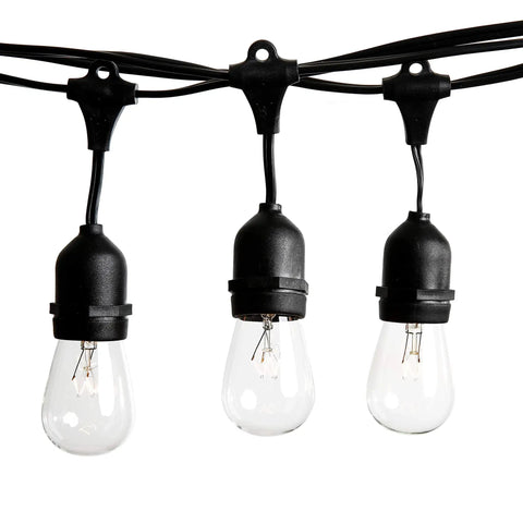 Close-up of Beefed-Up 100 Foot Outdoor Commercial String Lights with E26 suspended sockets and S14 bulbs for patio parties.