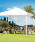 Easy Up 10x10 Pop Up Canopy Tent With Heavy Duty Frame Hangout Ready Beach Shade Shelter set up outdoors over a table and chairs.