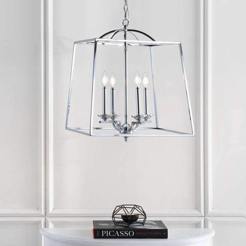 Chrome 4-Light Lantern Pendant Light, Adjustable LED Ceiling Fixture hanging in elegant setting