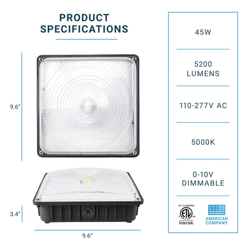 Four Pack LED Canopy Light 45W 0 To 10V Dimmable 110 To 277 VAC IP65 Waterproof ETL Listed 5000K Daylight Bronze spec sheet