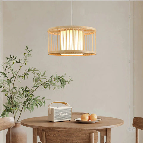 Boho Rattan Pendant Light 15.8 Inch Coastal Drum Hanging Fixture With Natural Wicker Shades Over Dining Table