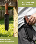 Hori Hori Garden Knife With 7 Inch Stainless Steel Blade And Full Tang Walnut Handle All Purpose Outdoor Garden Tool For Digging Weeding Cutting And Pruning Includes Hanging Hole Great Gift For Gardeners, shown in sheath at belt