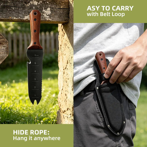 Hori Hori Garden Knife With 7 Inch Stainless Steel Blade And Full Tang Walnut Handle All Purpose Outdoor Garden Tool For Digging Weeding Cutting And Pruning Includes Hanging Hole Great Gift For Gardeners, shown in sheath at belt