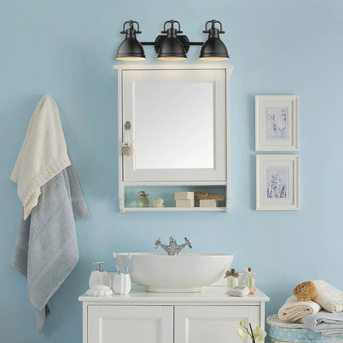 Three Light Matte Black Bath Vanity Fixture From Duncan Collection With Matte Black Shades, Vintage Inspired Bathroom Vanity