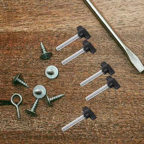 Five Piece M8 X 50 Millimeter Thumb Screw Kit With Wing Knobs For Tool Free Hand Tightening placed on a wooden surface.