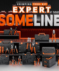 Display of Open Terminal Connector Crimping Tool Kit With 14 Terminal Sizes Ratcheting Crimper, storage boxes, and orange handles.