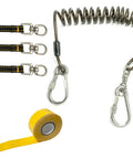 Coiled Tool Tethering Kit 2 Lb Capacity Rugged Screw Lock Carabiner With Swivel End shown with tool attachments and tape