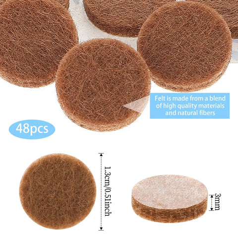 48 Pack Heavy Duty Brown Self Adhesive Felt Cabinet Door Pads Half Inch Diameter Round Furniture Glides showing sizes and textures.