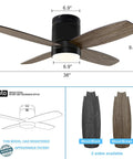 38 Inch Flush Mount Ceiling Fan With Light Remote And App Control showing black and brown wood finish options and patent details.