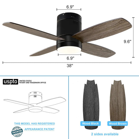 38 Inch Flush Mount Ceiling Fan With Light Remote And App Control showing black and brown wood finish options and patent details.
