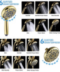High Pressure Dual Shower Head With Handheld, 6x6 Spray Modes Shower Head Combo, Polished Gold Finish with six spray settings.