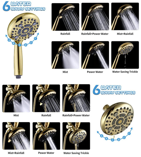 High Pressure Dual Shower Head With Handheld, 6x6 Spray Modes Shower Head Combo, Polished Gold Finish with six spray settings.