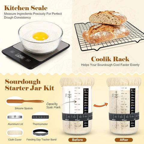 Ultimate Sourdough Starter Kit With Dutch Oven For Homemade Bread Baking Essentials Including Round And Oval Proofing Baskets, Linen Liners, Starter Jar, Silicone Spatula, Kitchen Scale, And Pro Grade Tools displayed with scale and cool rack.