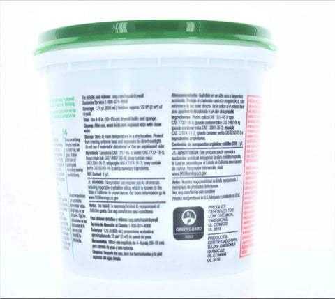 Back view of a container labeled "Ready To Use Joint Compound Quart For DIY Wall Repair Off White 1.75 Pt Smooth Sandable Patch For Drywall Cracks And Patching Ideal For Painting Prep Now"