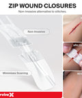 SurviveX Zip wound closure device, front view, white adhesive strips for non-invasive wound closure.