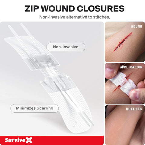 SurviveX Zip wound closure device, front view, white adhesive strips for non-invasive wound closure.
