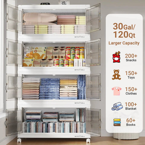 Massive Capacity Stackable Storage Bins With Secure Lids And Quick Slide Side Doors, Absolute Game Changer For Closets And Garages, Foldable Totes That Crush The Daily Haul, Solid Four Pack In White