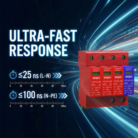 Beefed Up 3 Plus 1 Surge Protector with ultra-fast response time for DIN rail mount, 385V 40kA, Type 2 AC SPD, three-phase systems.