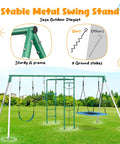Backyard Swing Set With Monkey Bars, Belt Swing, Platform Swing, Climbing Net And Trapeze Bar For Kids in a green metal frame